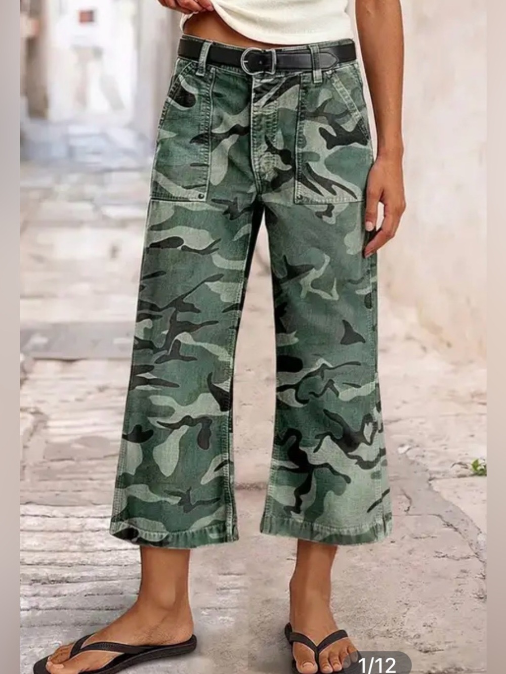 Camo Print Mid Waist Flare Leg Crop Pants Without Belt S Ps9/22